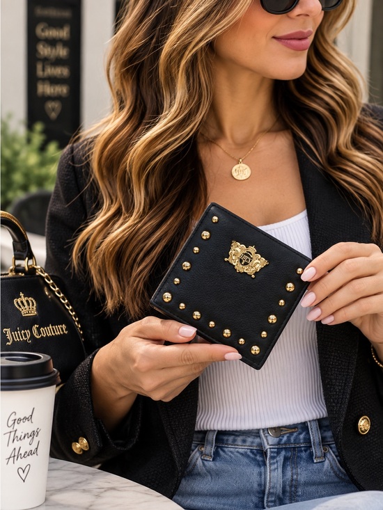 Juicy Couture Handbags - Y2K Juicy Couture Genuine Black Leather Wallet with Gold Studs